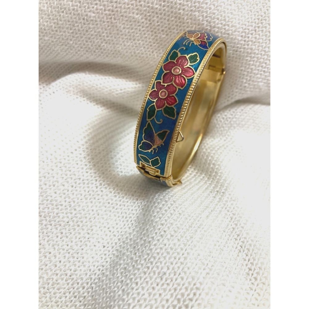Cloisonné Enamel Bangle Bracelet Butterflies & Florals Gold Tone Stackable